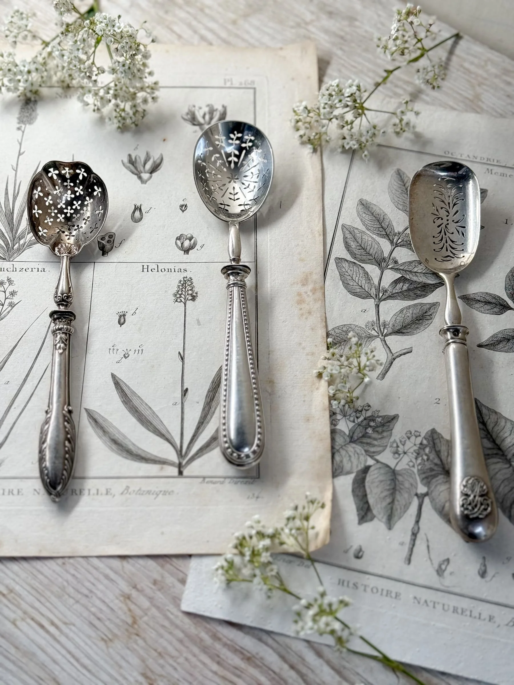 Antique French Minerva Silver Pierced Serving Spoons